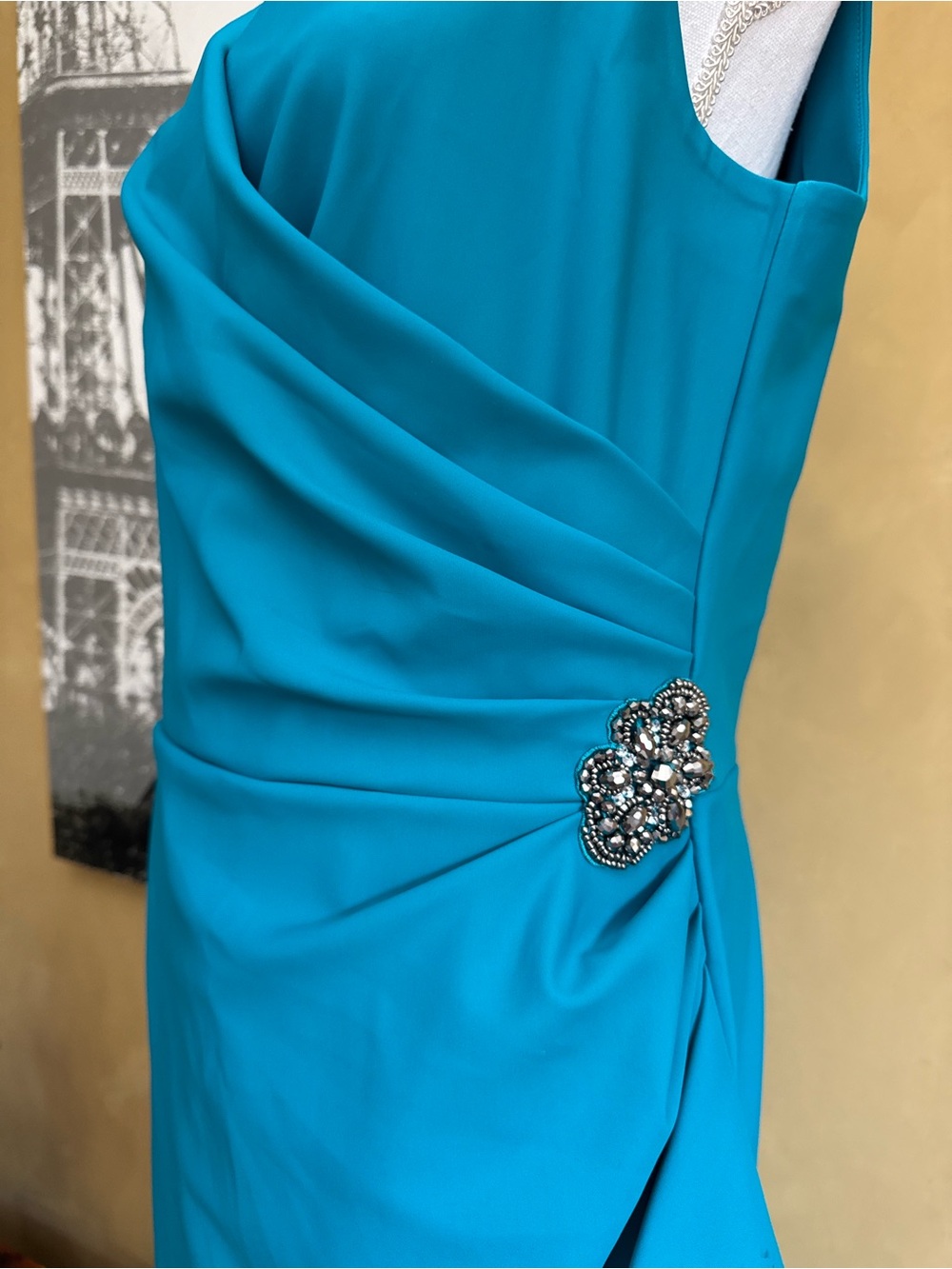 Alex Evenings Teal Sleeveless Draped Midi Dress with Beaded Brooch